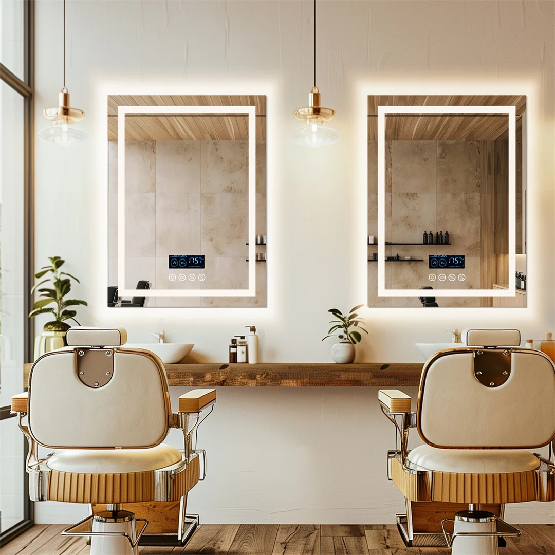 Bluetooth Bathroom Mirror Time Temperature Display Wall Hang Vanity Mirror with Dual Bluetooth Speaker Dimmable Anti-fog