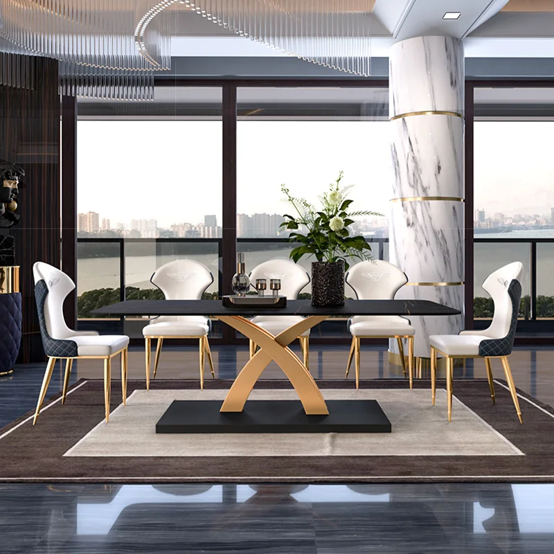 Italian Luxury Design modern dining table Marble Effect Rock Plate Top 8 Seater dining table set