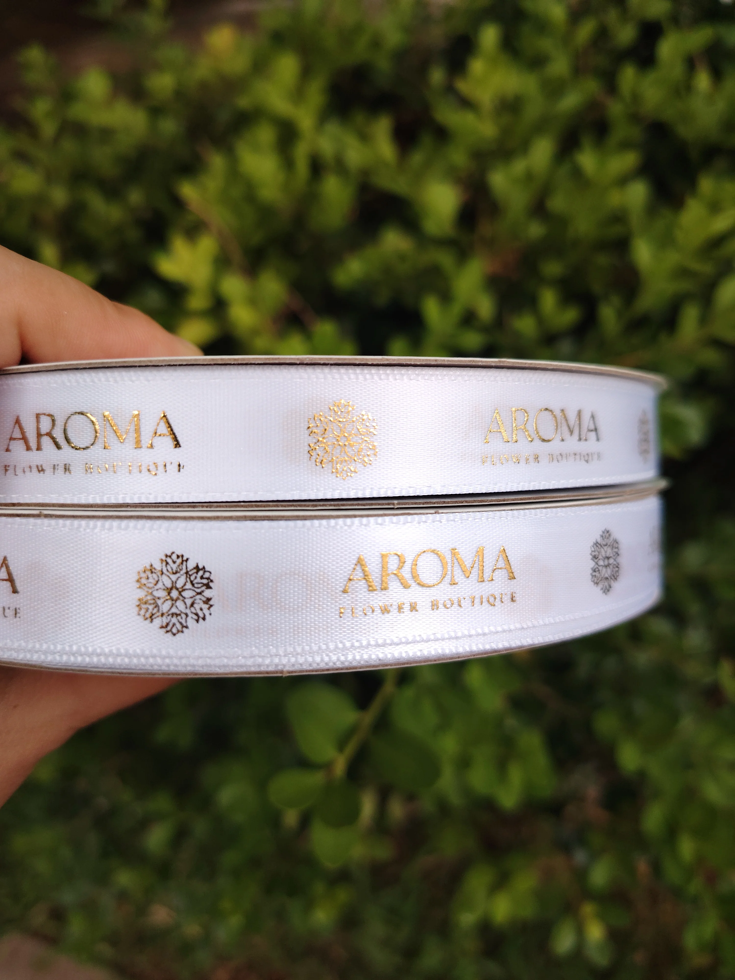 Custom 15mm White 3D gold printed satin Ribbon 100% Cotton Diy Floral Ribbon Flower Gift Packing Ribbon