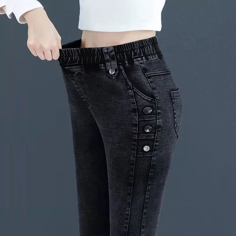 Women Plus Size 32 Vintage Slim Vaquero Bleached Warm Winter Denim Pants Black Leggings New Winter Plus Velvet Stretch Jeans