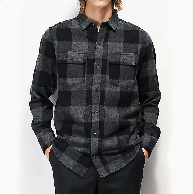 Manufacturer Men Long Sleeve with Chest Pocket Check Pattern Turn-down Collar Flannel Black Plaid Shirt