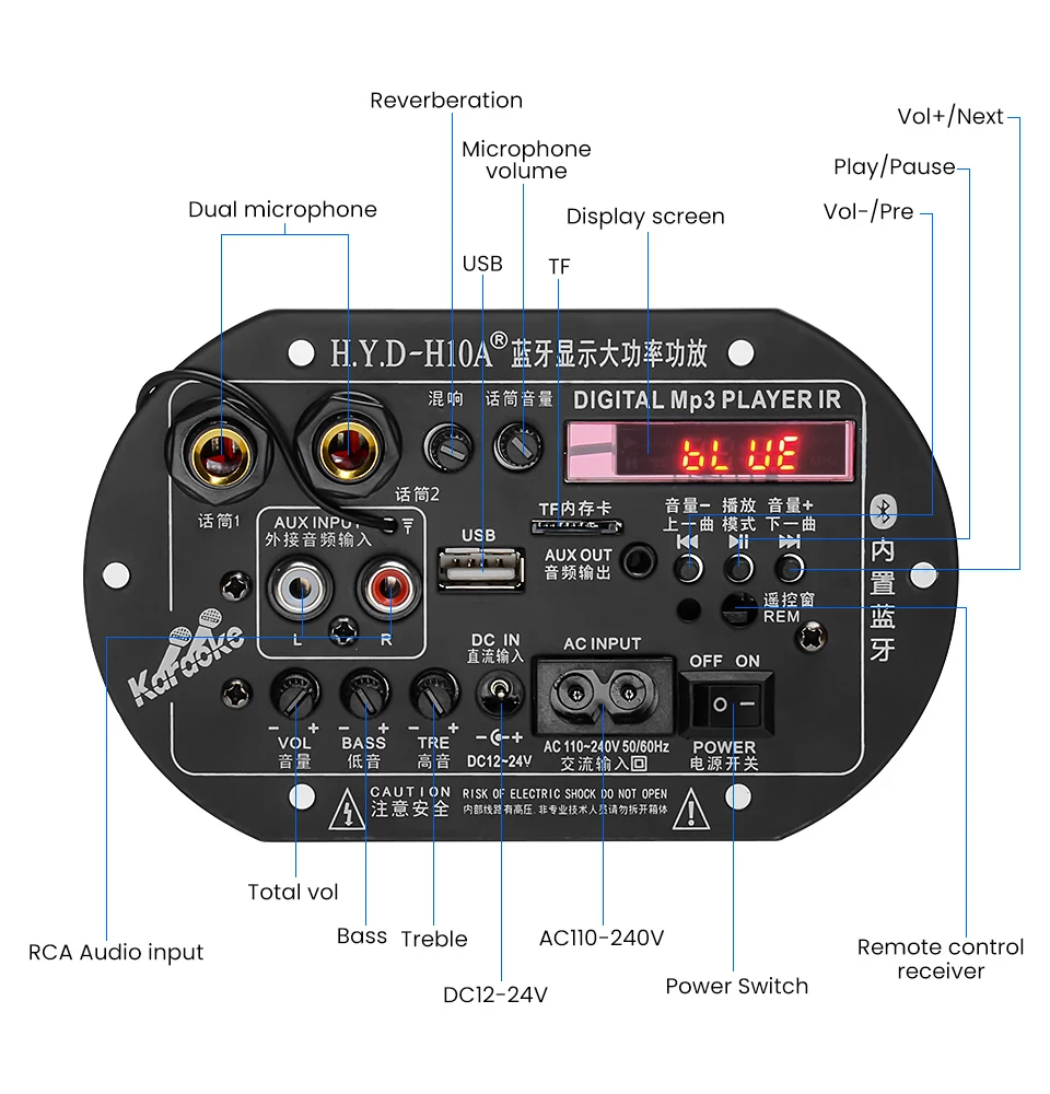 220V 12V 24V Digital Stereo BT  5.0 Amplifiers Dual Microphone Silencer Car Home Amplificador AMP TF USB Decoder