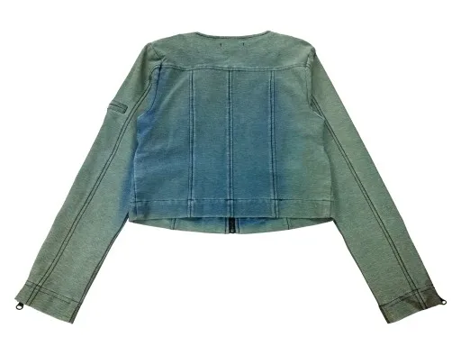 ladies knit denim washed collarless center front zipper chest besom bottom besom sleeve cuff sleeve cap zipped pockets jacket