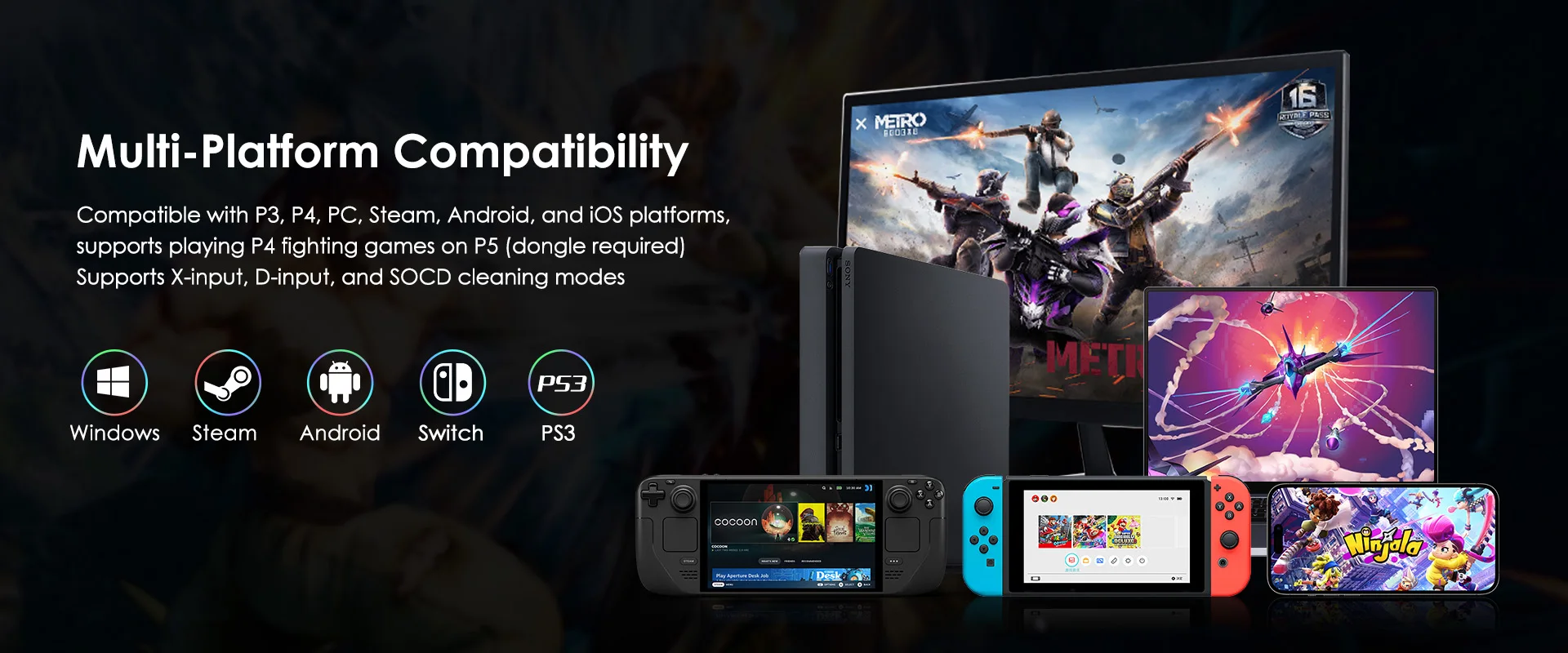 All Button 16 Keys Arcade Game Console Joystick Fight Stick Game Controller for Ps4/Ps3/PC/Switch/Steam