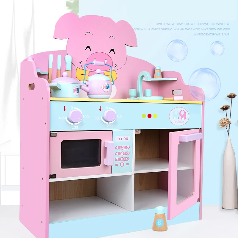Creative Wooden Simulation Safety Pink Pig Kitchen Cooking Set Montessori Educational Big Kitchen Sets Toys Building Blocks