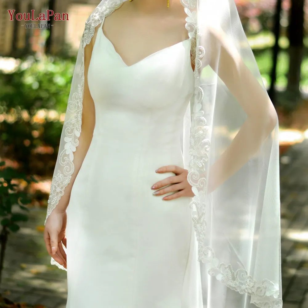 YouLaPan V60 Retro Short Without Comb Cover Veil Hand Beaded Embroidered Lace Single Layer White Veil Bridal Wedding Veil