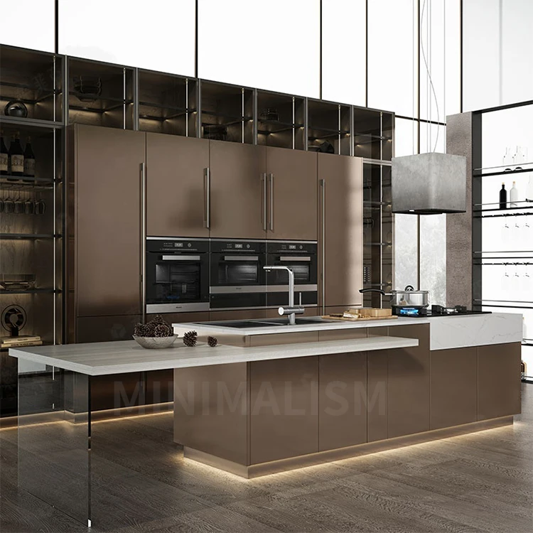 Manufacturer Dust Proof Modern Open French Island Design Complete Metal Laminate Glossy Kitchen Cabinets