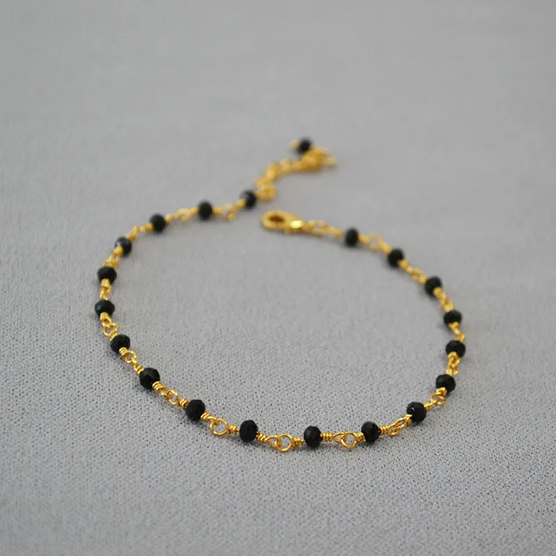 Elegant Jewelry Bracelets Fine Jewelry Brass Gold Plated Link Black Spinel Beaded Bracelet