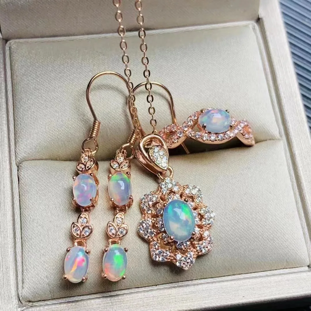 Good Price Moroccan Bride 925 Sterling Silver Pave Luxury Natural Opal Earrings Jewelry Sets For Women