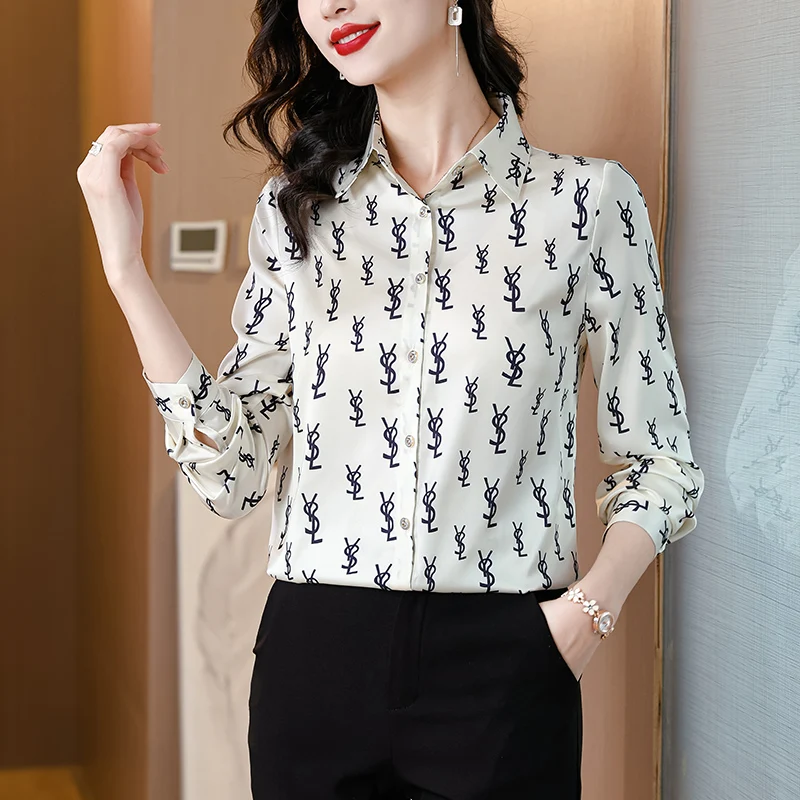 2024 Women Spring Autumn Vintage Stitching Print Blouses Korean Elegant Office Shirt Long Sleeve Shirt Ladies Chiffon Blouse Top