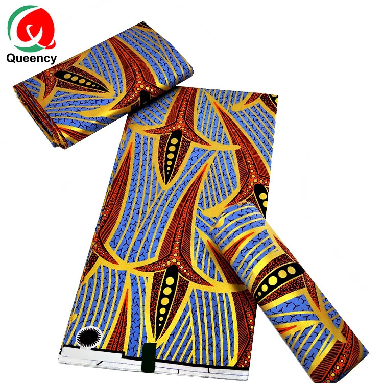 Queency Holland Quality Soft African Atamfa Wax Fabric 100%Cotton Printing Golden Wax Fabric in Vintage Patterns in Blue