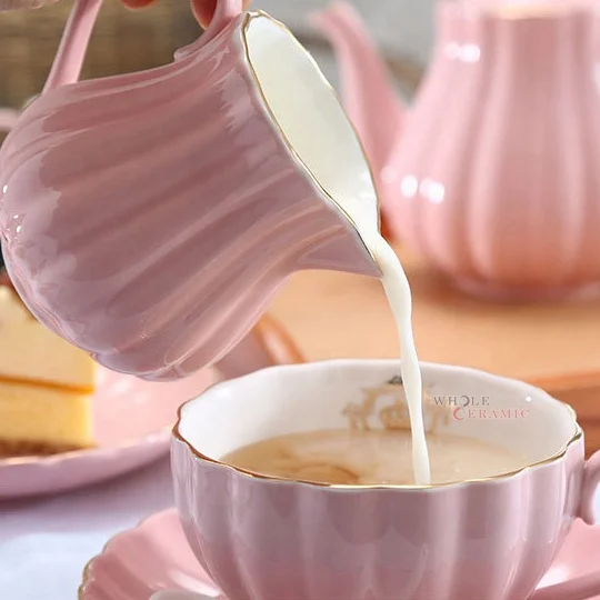 Good Quality Creative Candy-Colored Gold Rim Ceramic Coffee Set Mug Cup Saucer Pot Milk Jug Sugar Bowl Tea Set