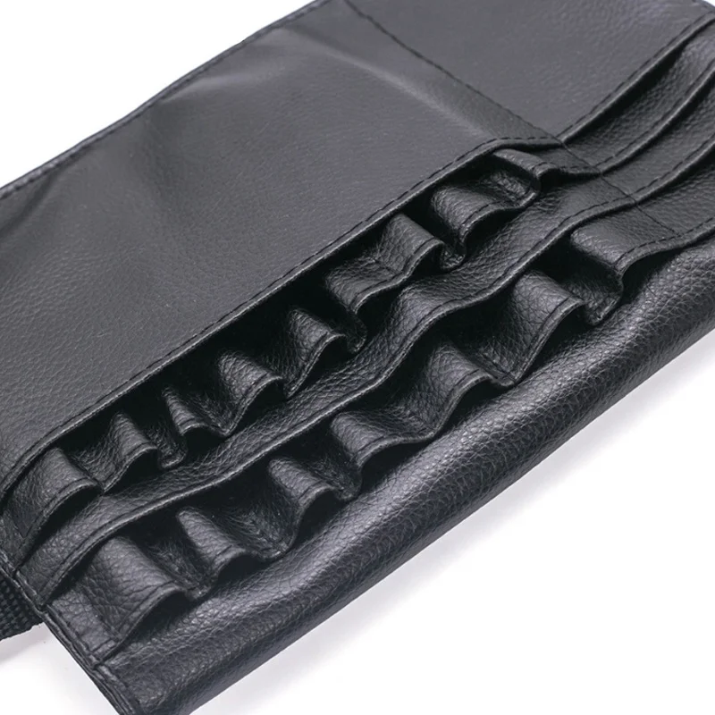 Professional Portable Brushes Organizer with Artist Belt Black PU Leather Makeup Cosmetic Brush Holder Bag