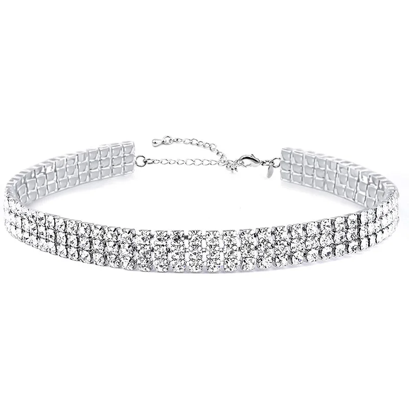 White Gold Plated Rows Rhinestone Necklace Choker for Women Wedding Diamond Choker