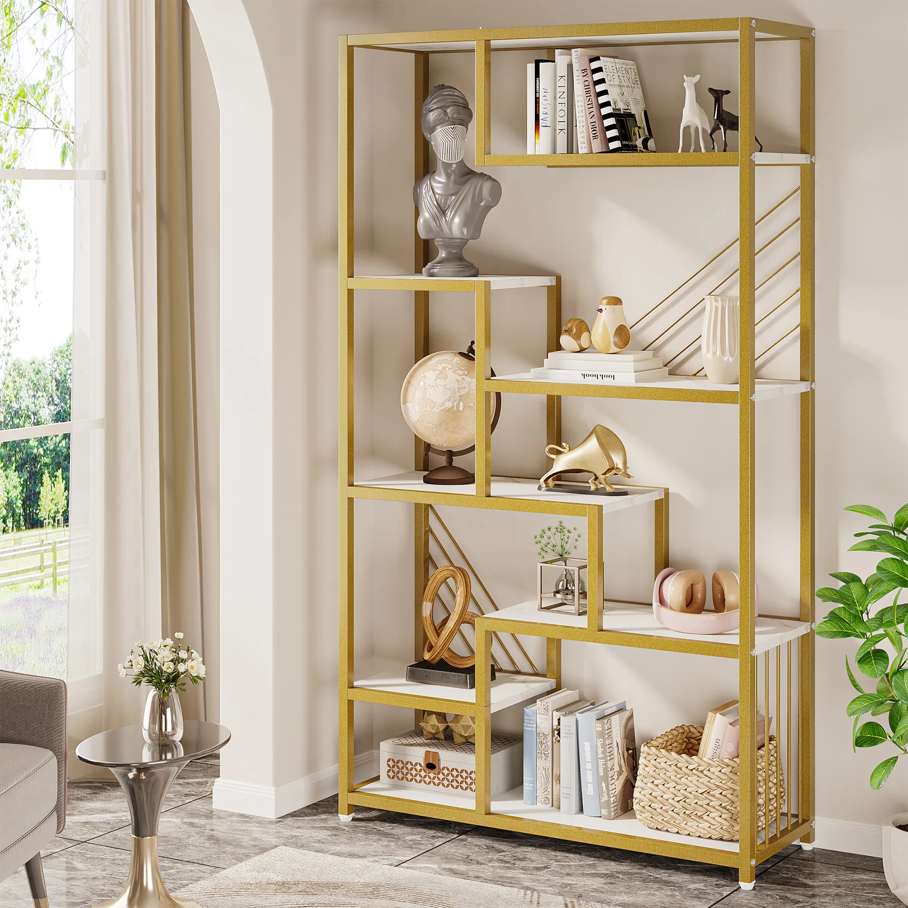 Modern wooden open-back marble white gold floor standing bookshelf unit with storage shelves