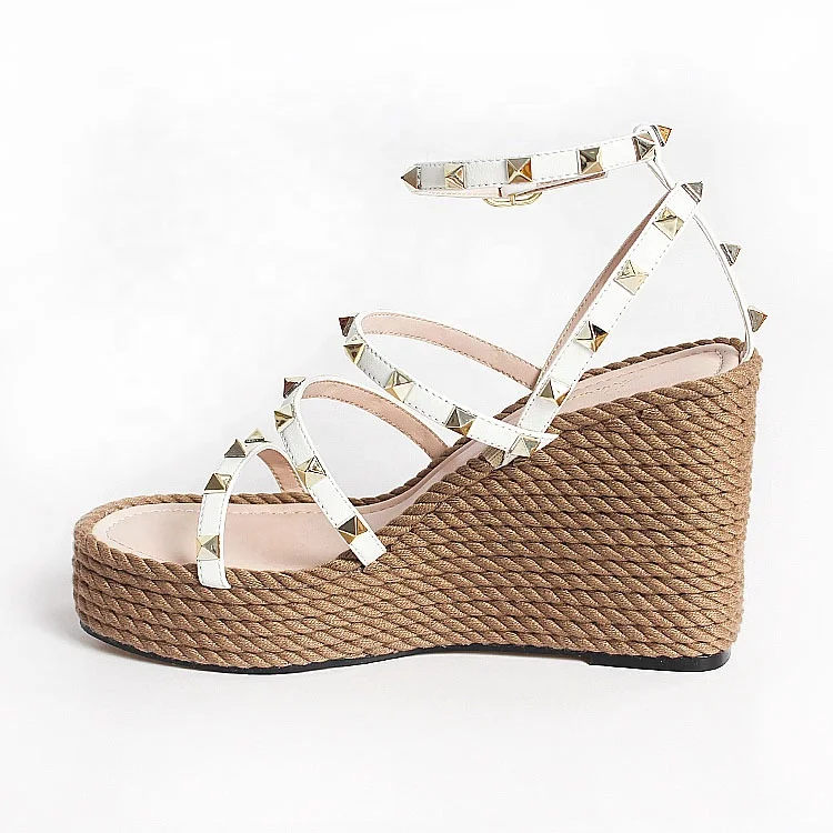 
Custom Fashion Sandal Shoes Sexy High Heel Women Shoes Rivet Studded Strap platform Sandal Jute Wedge Shoes for Ladies 