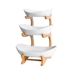 Household Bamboo Wooden Racks 3 Layers Food Container Dish Pottery Ceramic Plate for Salad Vegetable Fruits Nuts Snacks