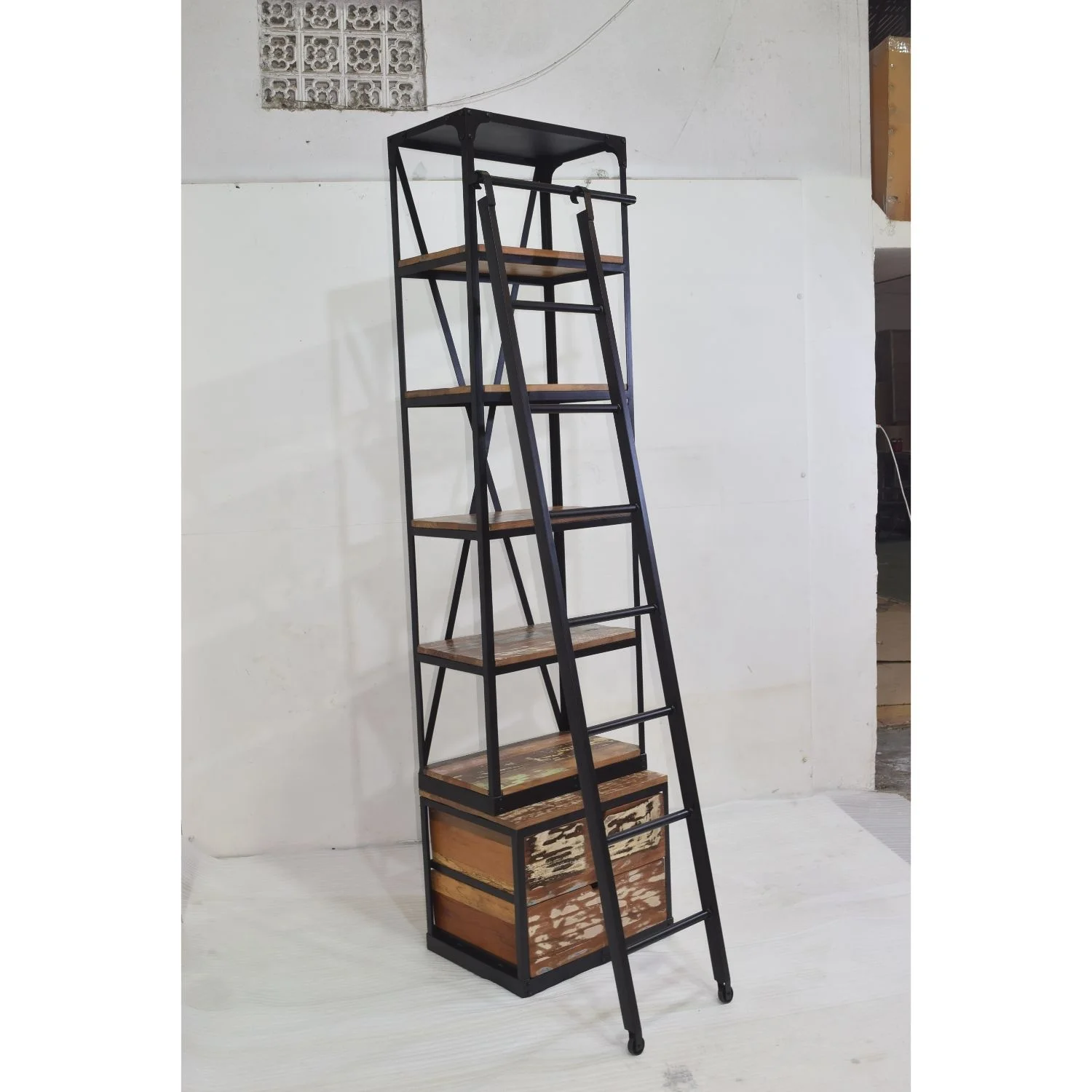 Reclaimed Recycled Indian Wood Industrial Loft Thin Tall Ladder Bookcase