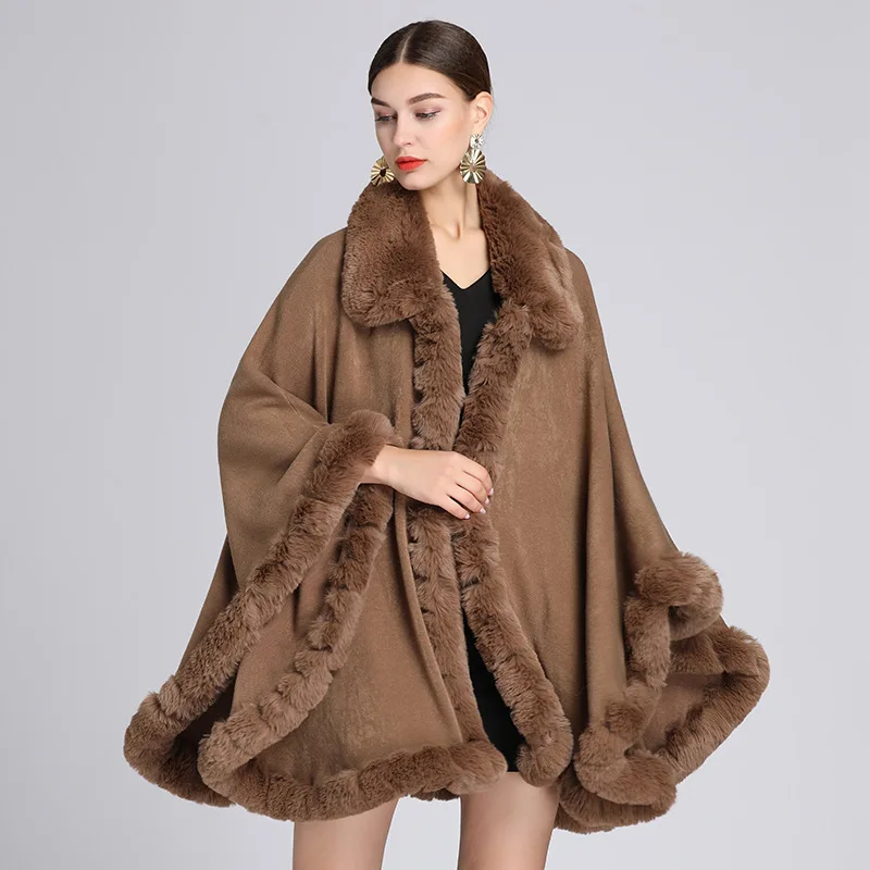 Luxury Winter Ladies Wraps Knitted Evening Party Coat Women Faux Fur Collar Poncho Cape Shawl