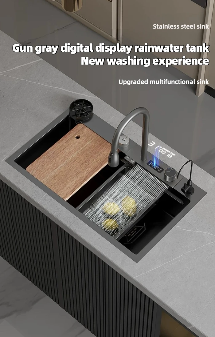 Complete Whole Set Waterfall Kitchen Sink Big Single Bowl with Dish Rack Under Mount Sinks Stainless Steel Modern Polished