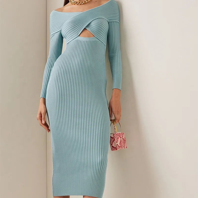 2022 Factory wholesale custom sexy hollow out off shoulder midi women ribbed knit dress