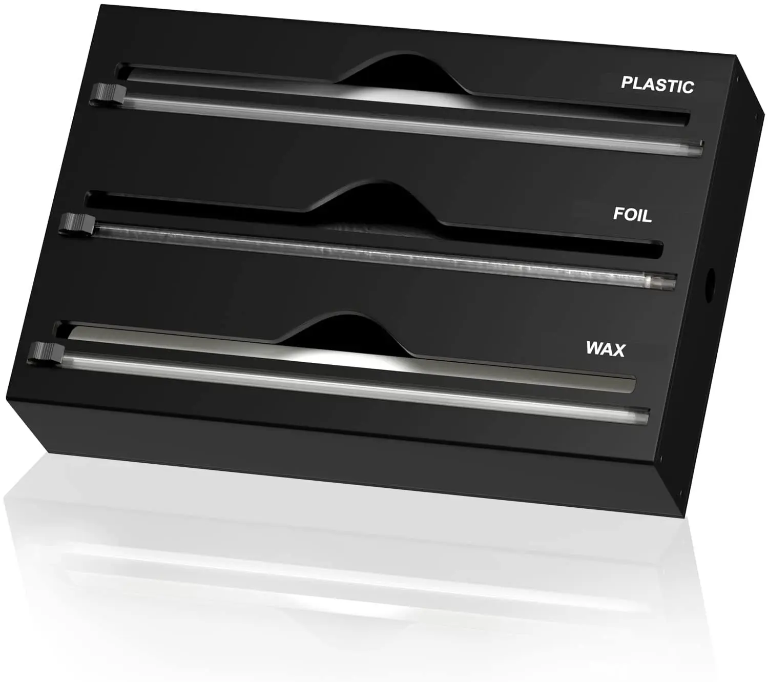 Black White Bamboo 3 Slot Plastic Wrap Dispenser With Slide Cutter Foil and Plastic Wrap Dispenser 3 in 1 Roll Organizer