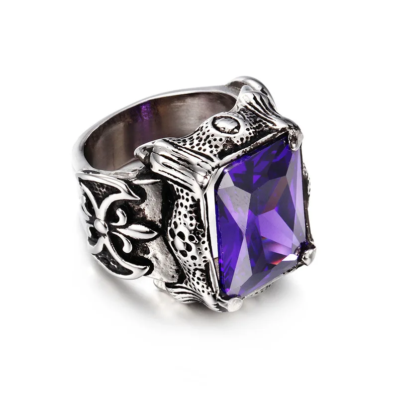  Stainless Steel Square Large Stone Green Crystal Vintage Punk Ring Dragon Claw Celtic Knot