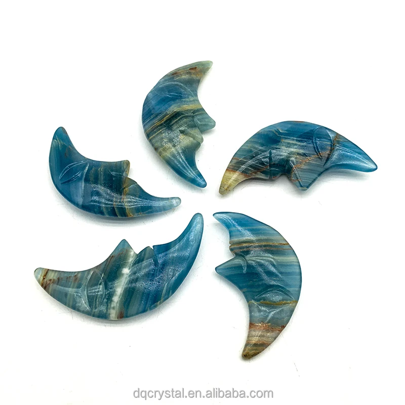wholesale natural crystal blue onyx moon face crystal crafts green blue onyx carving moon face for decoration