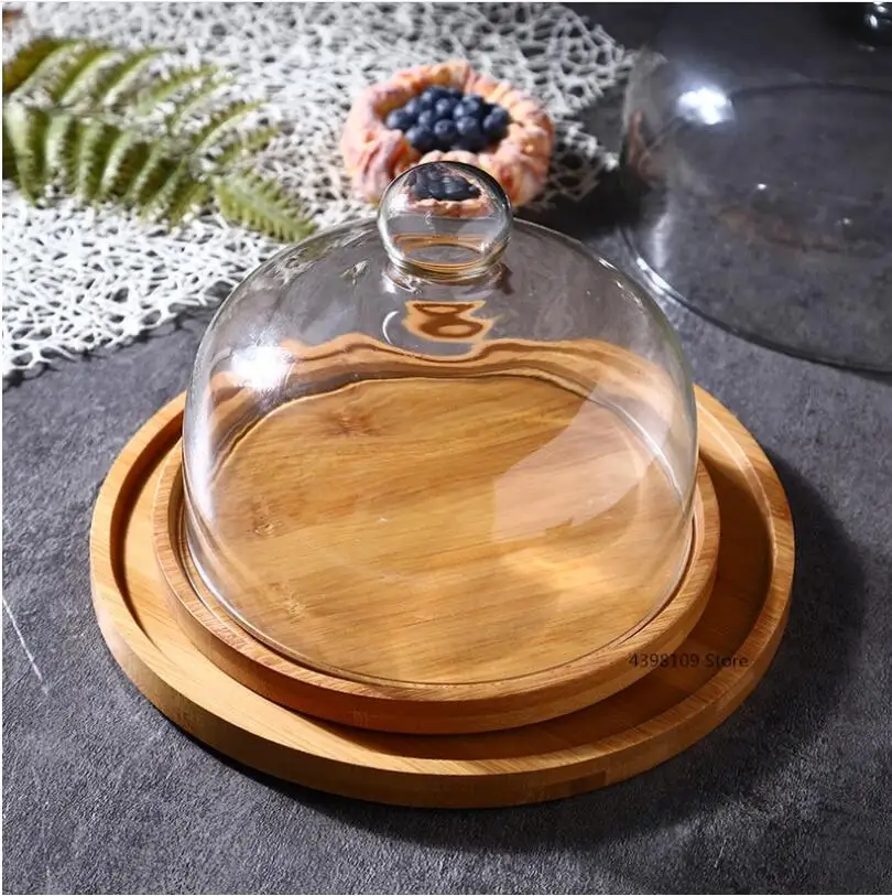 Natural bamboo fruit plate dessert plate creative transparent glass cover cake tray bread plate dessert table display stand
