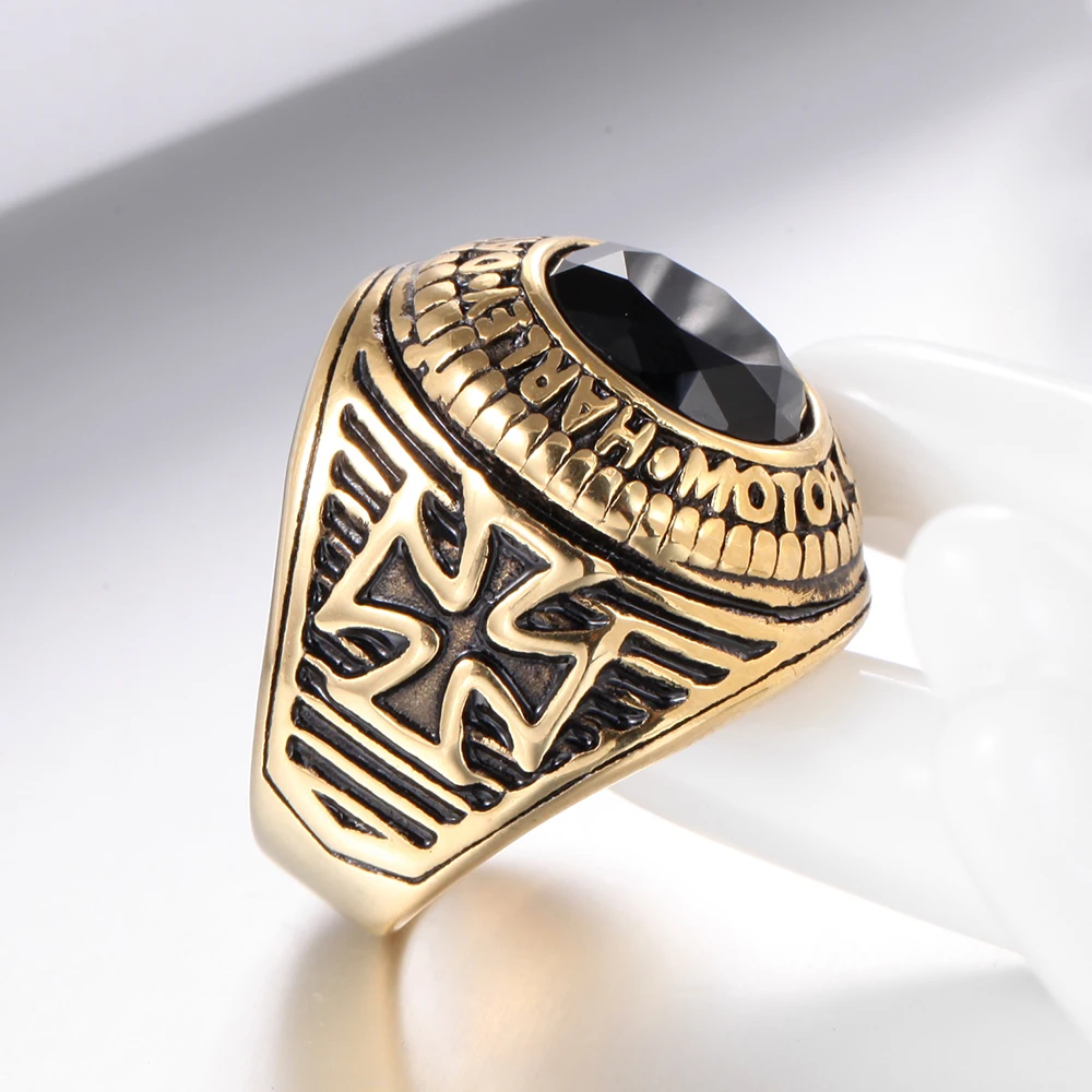 Stainless Steel Gold Plated Maltese Cross Mounted Stone Ring