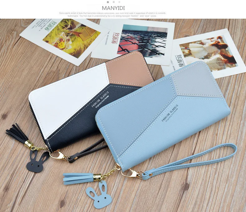 New ladies  long  style contrast color stitching zipper tassel large capacity wallet mobile phone bag wallets for women