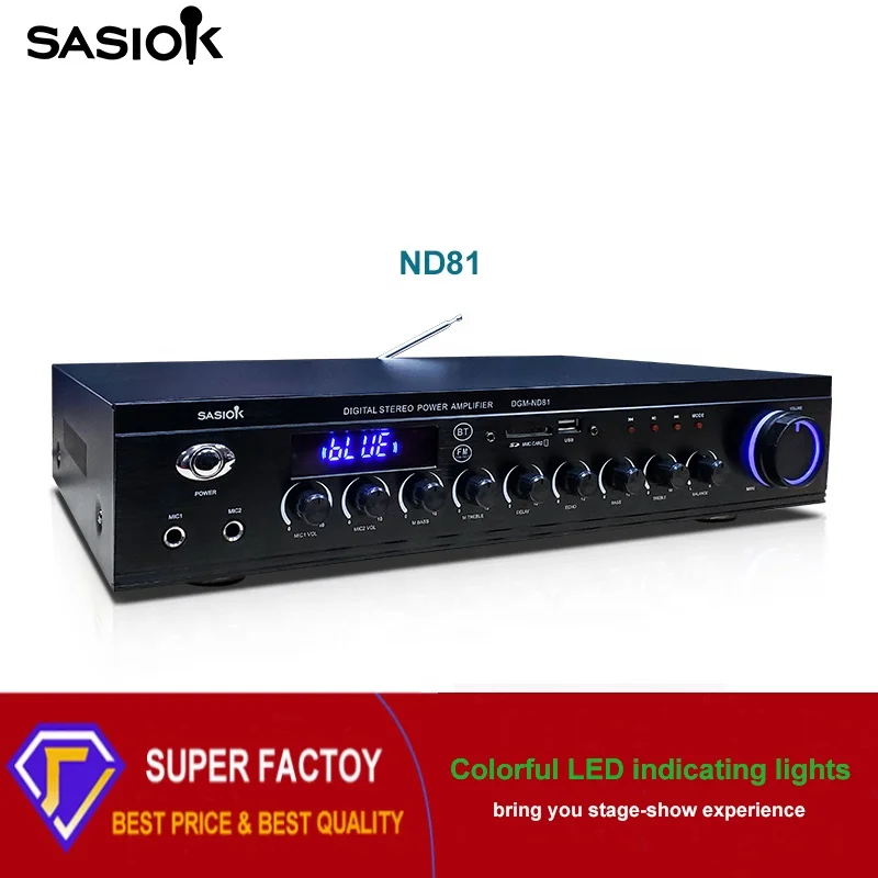2.0 channel 160W ND81 Mic. echo/delay digital stereo karaoke amplifier with BT/USB/SD/MMC/AUX/FM radio/LED display functions.