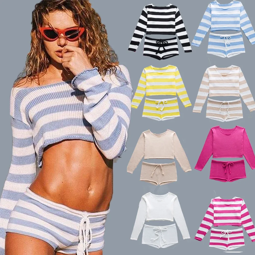 
Fashion Beach Style Custom Logo Ladies Two Piece Set Shirt Cloth Women Sweater 