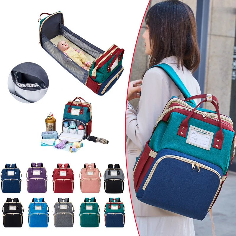 Custom Waterproof Large Capacity Diaper Bag for Foldable Baby Crib Bed Changing Pad Travel Mommy Diaper Bag Backpack