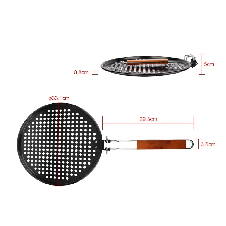 Bbq Vegetable Grill Pan Wok Accessories Non Stick Metal Grill Round Topper Skillet Basket With Folded Wood Handle