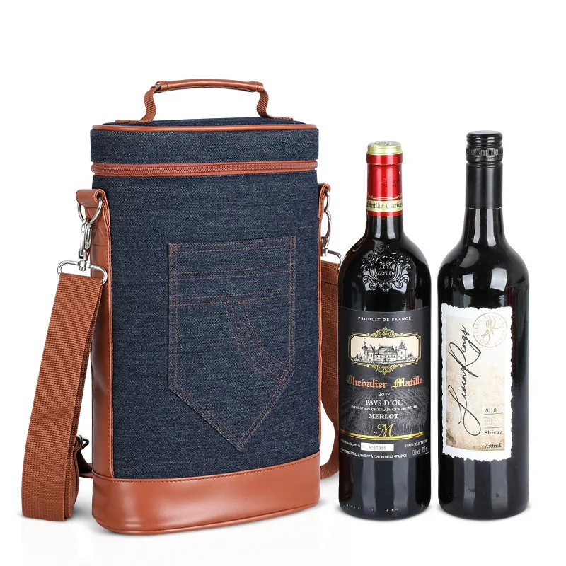 PU Leather 2 Bottle Insulated Wine Bag Adjustable with shoulder strap Tumblers Waxed Canvas Wine Cooler Bag For Beach