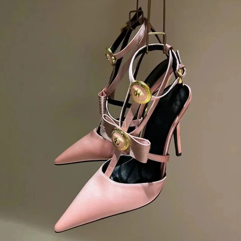 Ankle Buckles Women Metal Ornaments Stiletto High Heels Sandals Bow T-strap Slingback Ladies Summer Satin Dress Shoes