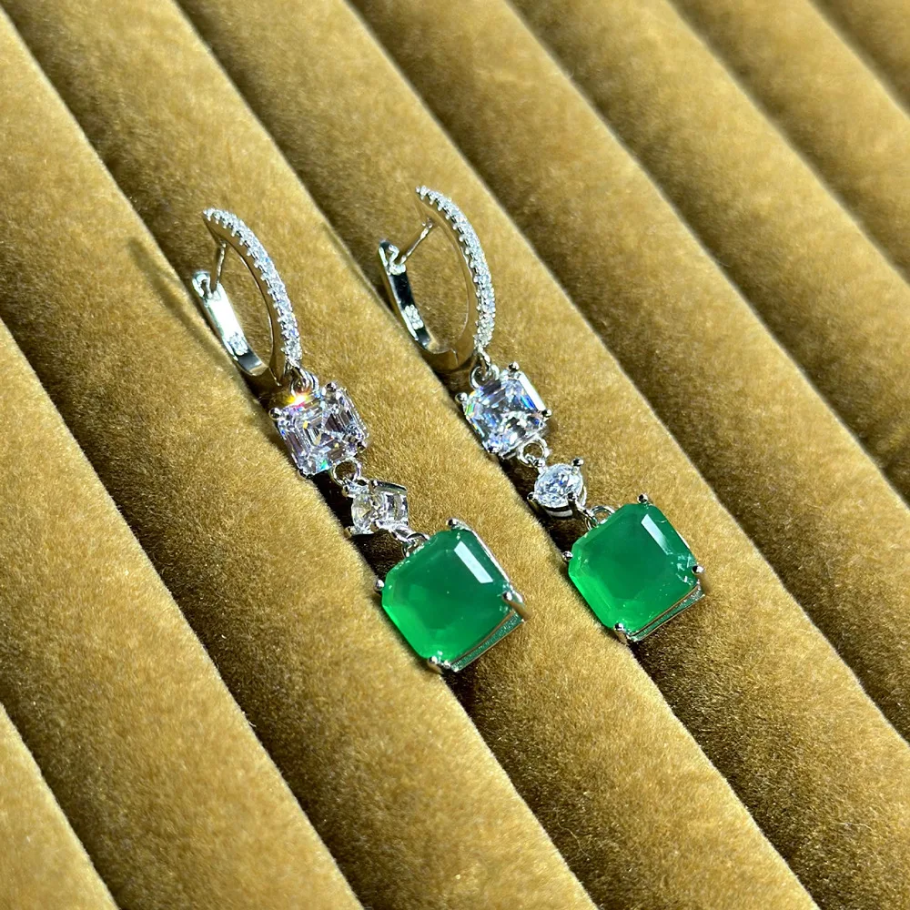 S 925 Fusion Stone Jewelry Earring Emerald Cut Green Stone Drop Hoop Earrings for Women 925 Sterling Silver earrings