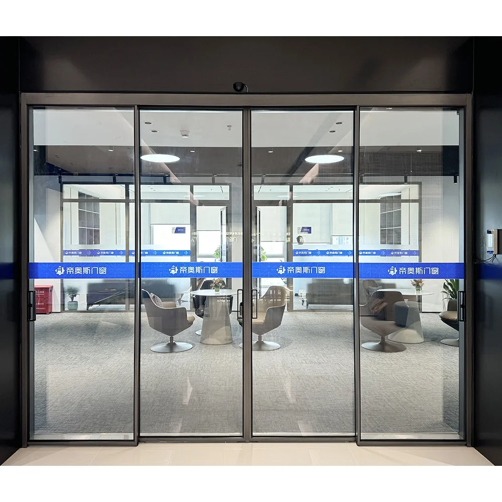 Custom exterior panoramic modern black slimline automatic aluminum sliding glass door