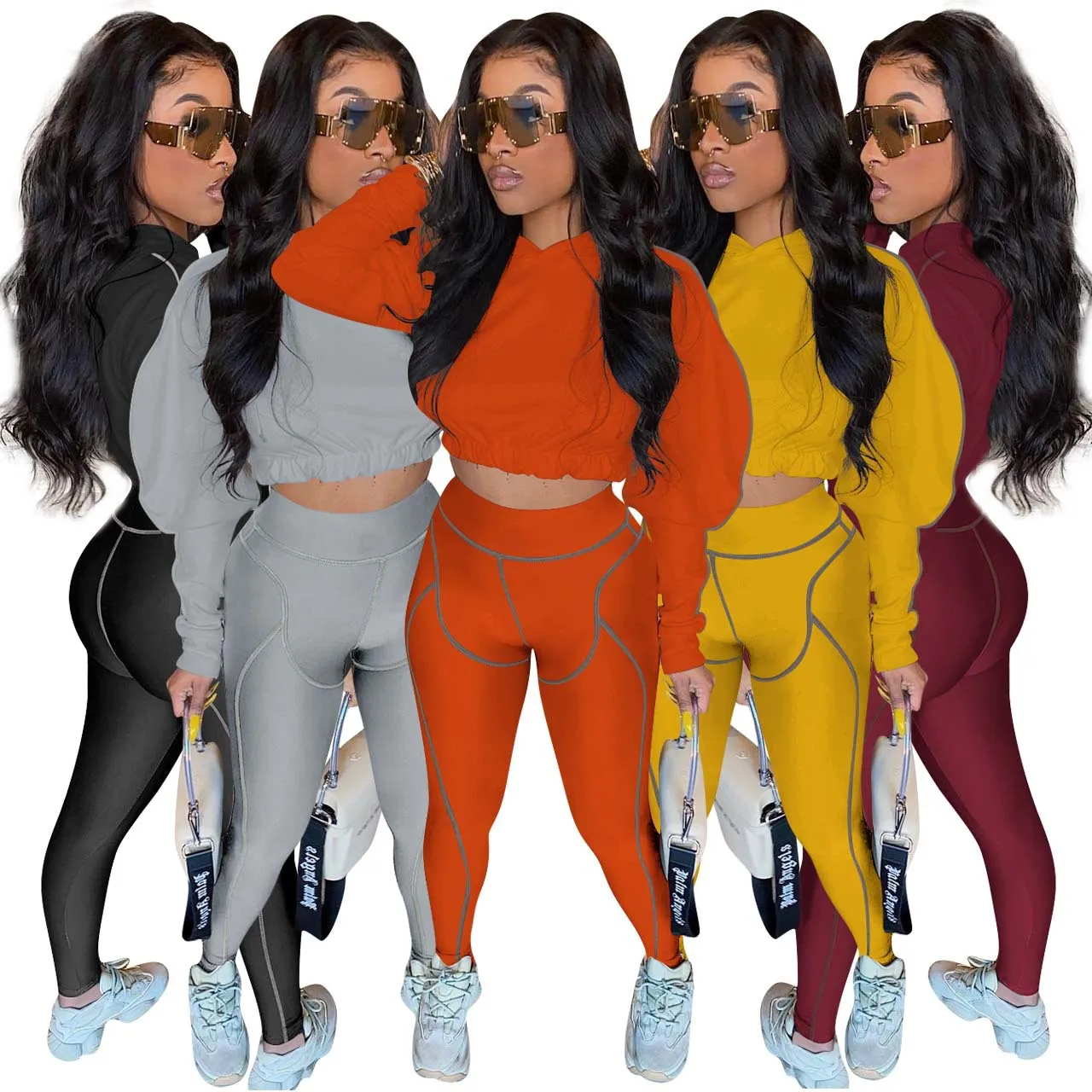 2021 Fall Winter Set Woman New Solid Color Turtle Neck Stacked Pants Set Outfits Two Piece Set Women Clothing