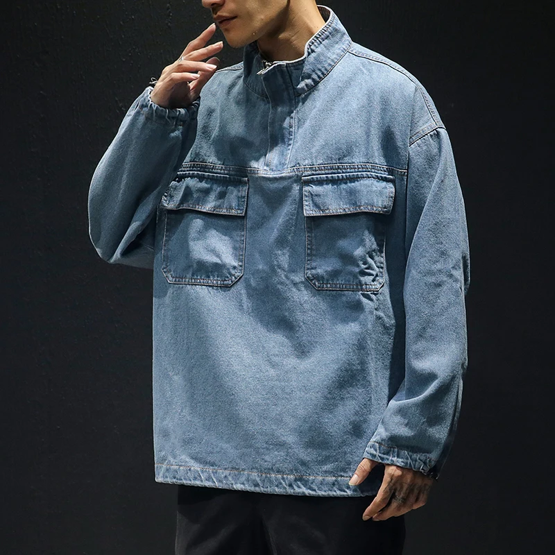 Custom Jean Jacket Men Fashion Plus Size Hoodies Denim Outwear Coat Loose Long Sleeve Denim Jacket