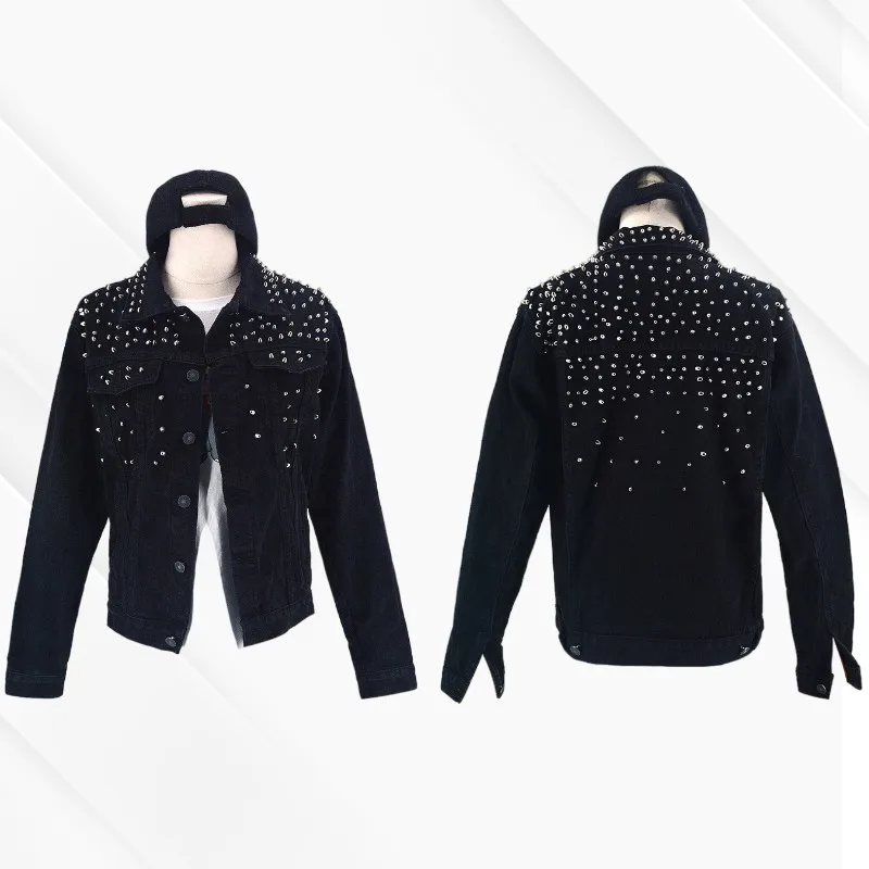 Fall Woman Black Denim Jackets Fashion Crop Rivet Jeans Jacket For Women