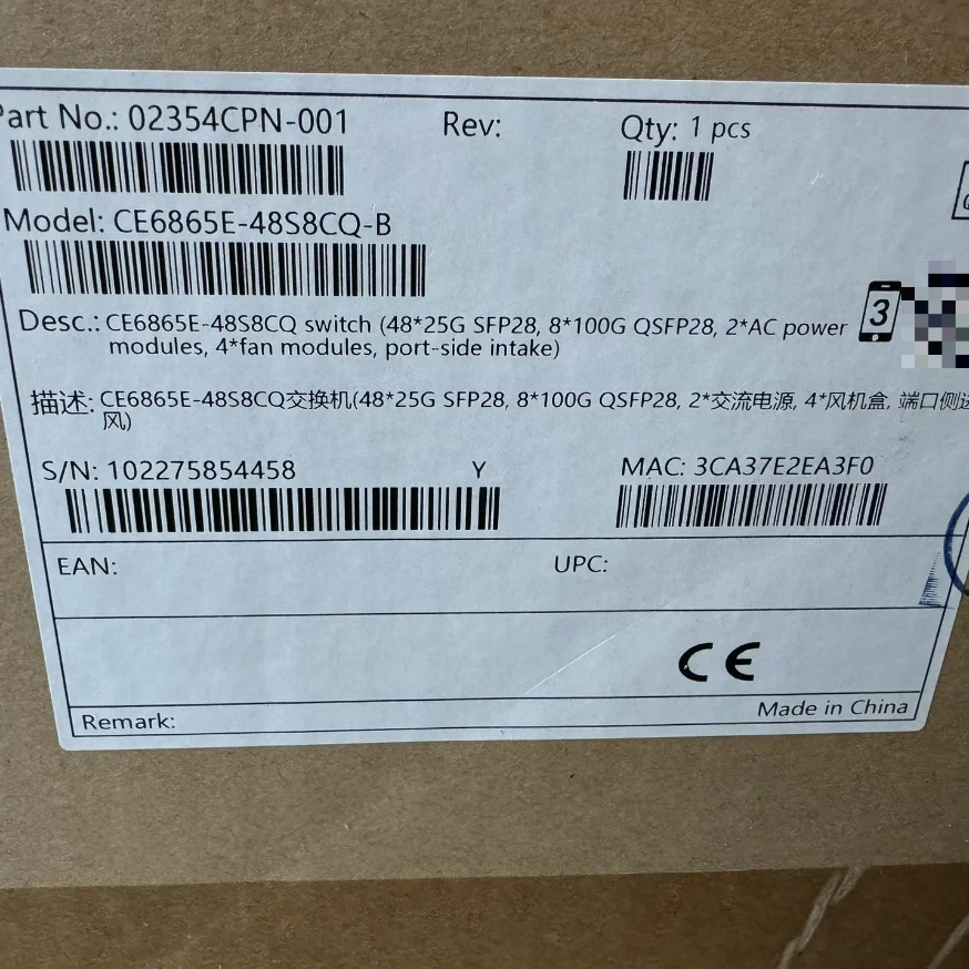 02354CPN CE6865E-48S8CQ-B CE6865E-48S8CQ switch 48*25G SFP28, 8*100G QSFP28, 2*AC power modules, 4*fan modules, port-side intake