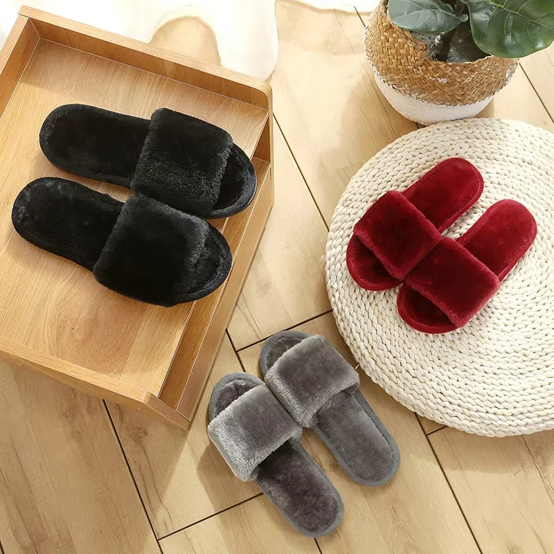 Wholesale open toe soft fashion winter lady men slides plush slippers for women cotton house shoes