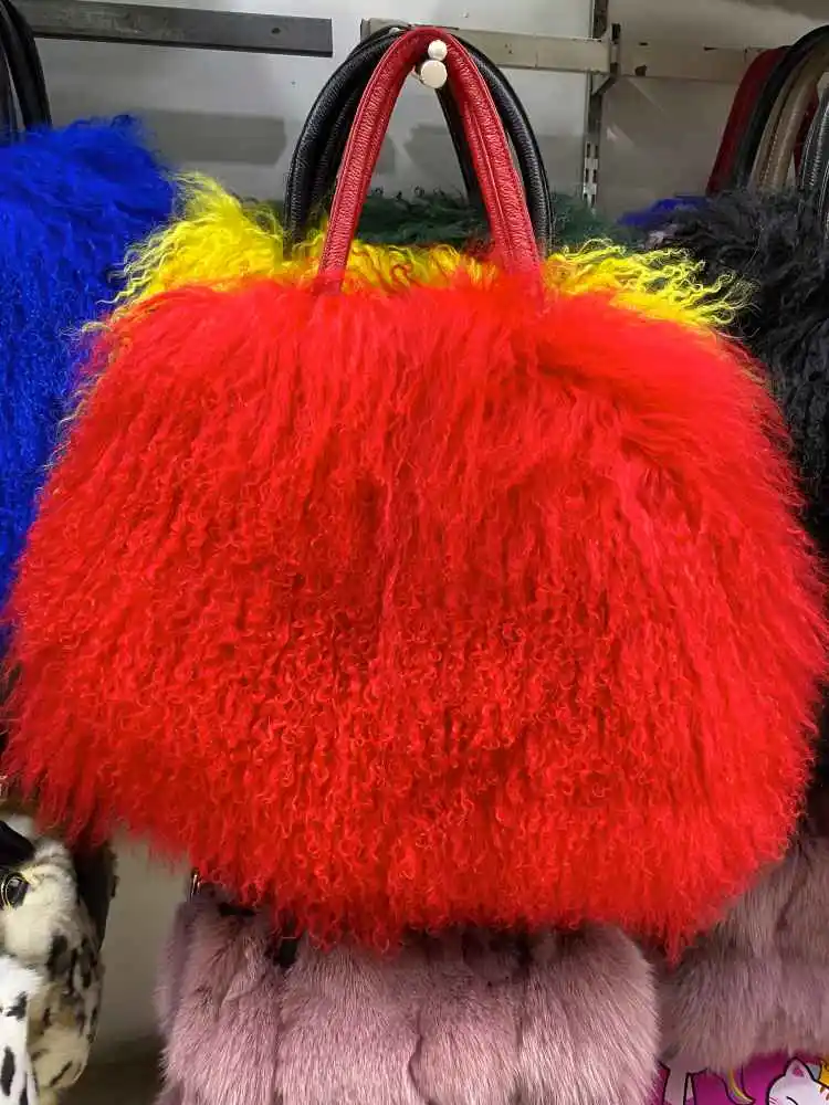 MWfur Mongolian Lamb Handbag Korean Style Fashion Curly Long Hair Furry Tote Bag Lamb Fur Bags for Women
