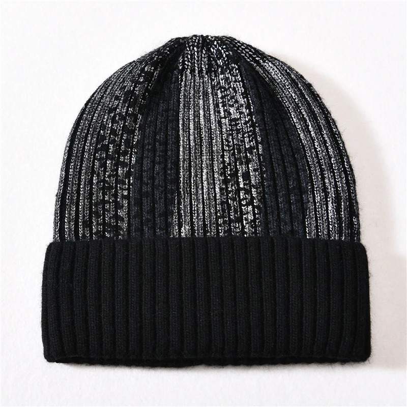 High Quality New Fashion Attractive Bronzing Bling Striped Thick Warm Wool Cashmere Knitted Custom All Over Print Beanies