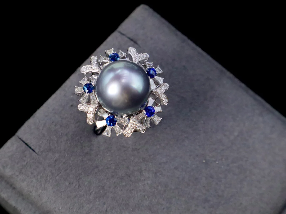 Luxury Sapphire Gold Ring Jewelry 14-14.5mm Black tahitian Sea Pearl Ring with 18K Gold Diamond Flower Ring for wedding