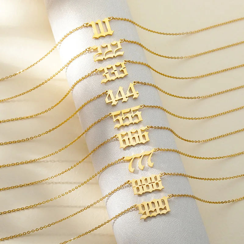 Old English Angel & Number Necklace 111 222  444 666 777 888 999  Numerology Jewelry for Women 18K Gold Plated Stainless Steel