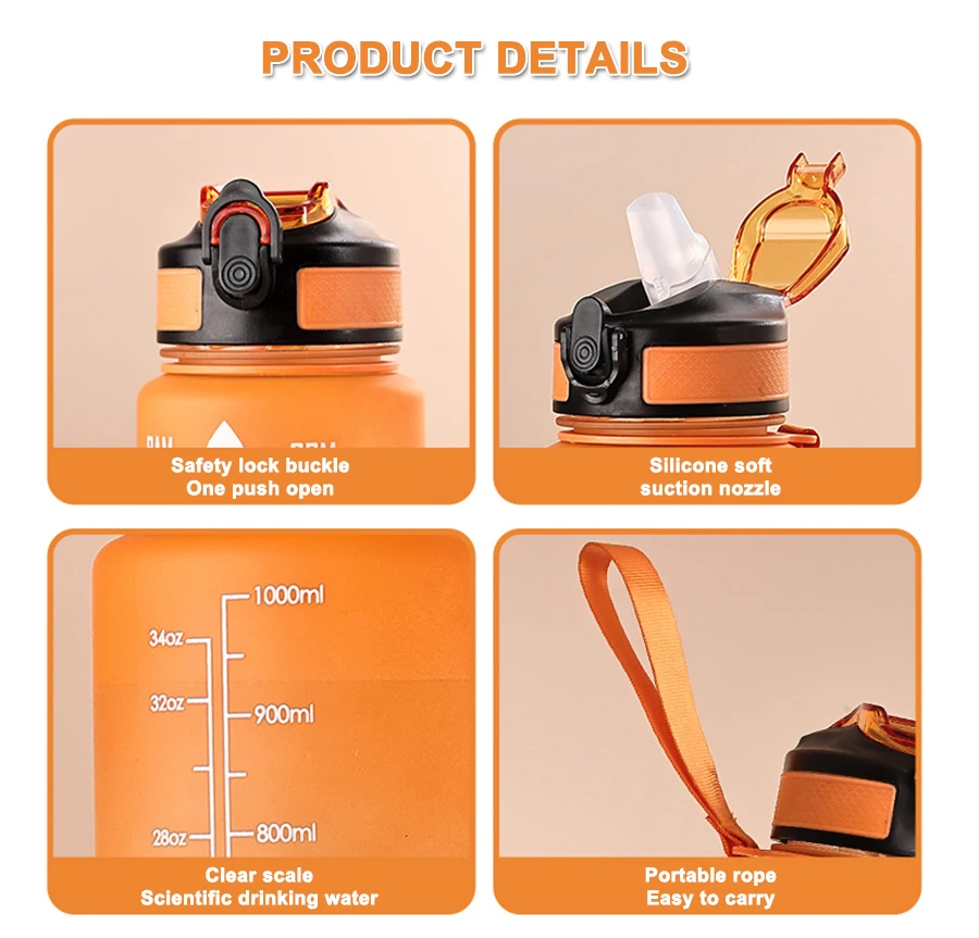 Factory Wholesale 32 OZ Trinkflasche Leak Proof Plastics Waterbottle 1L Fitness Sports Gym Straw Motivational Water Bottle