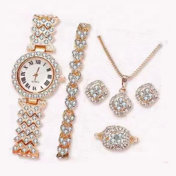 Factory made stock lady rhinestone watch bracelet necklace earrings rings set jewelry with black case packaged